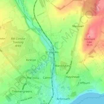 Mapa topográfico St Vigeans, altitud, relieve