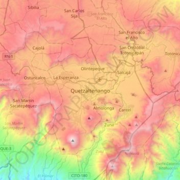 Mapa topográfico Quetzaltenango, altitud, relieve