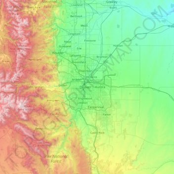 Mapa topográfico Denver County, altitud, relieve