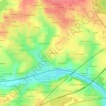 Mapa topográfico Les Boudières, altitud, relieve
