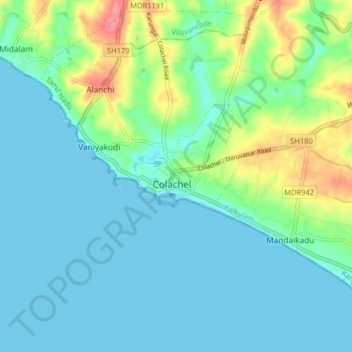 Mapa topográfico Colachel, altitud, relieve