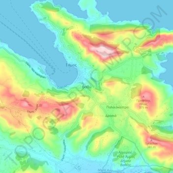 Mapa topográfico Vathy, altitud, relieve