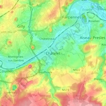 Mapa topográfico Châtelet, altitud, relieve