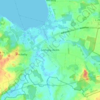 Mapa topográfico Götheby-Holm, altitud, relieve