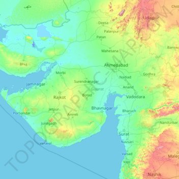 Mapa topográfico Gujarat, altitud, relieve