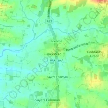 Mapa topográfico Hickstead, altitud, relieve