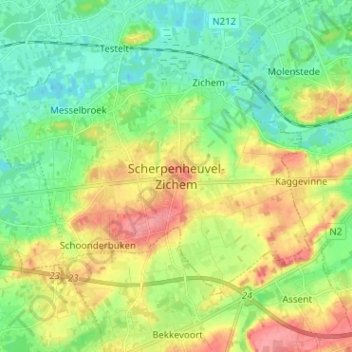 Mapa topográfico Scherpenheuvel-Zichem, altitud, relieve