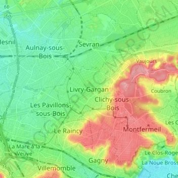 Mapa topográfico Livry-Gargan, altitud, relieve