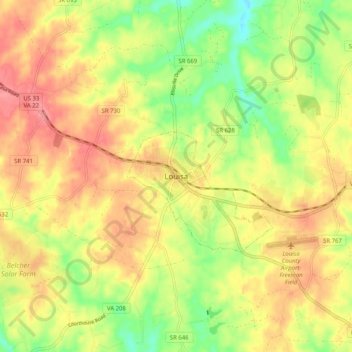 Mapa topográfico Louisa, altitud, relieve