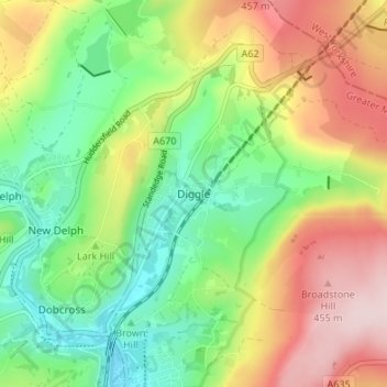 Mapa topográfico Diggle, altitud, relieve