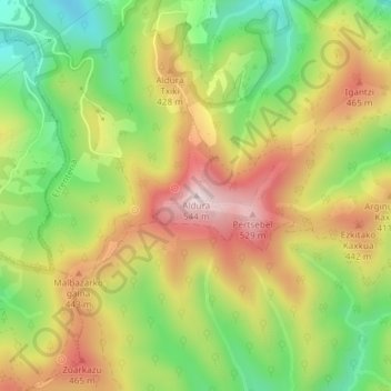 Mapa topográfico Aldura, altitud, relieve