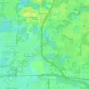 Mapa topográfico Green Grass Acres, altitud, relieve
