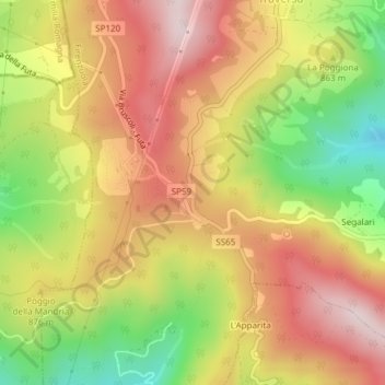 Mapa topográfico Passo della Futa, altitud, relieve