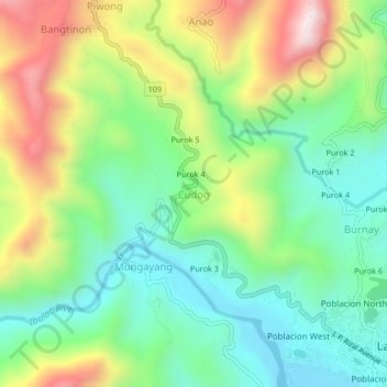 Mapa topográfico Cudog, altitud, relieve