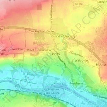 Mapa topográfico Throckley, altitud, relieve