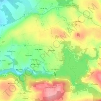 Mapa topográfico Kerfeonwez, altitud, relieve