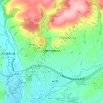 Mapa topográfico Chettiscombe, altitud, relieve
