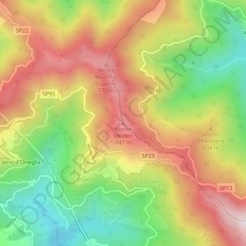 Mapa topográfico Monte Verderi, altitud, relieve