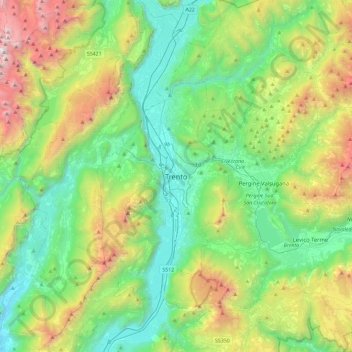 Mapa topográfico Trento, altitud, relieve