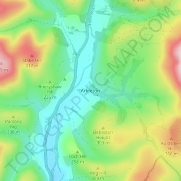 Mapa topográfico Arkleton, altitud, relieve