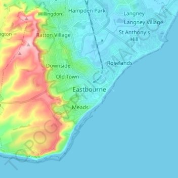 Mapa topográfico Eastbourne, altitud, relieve