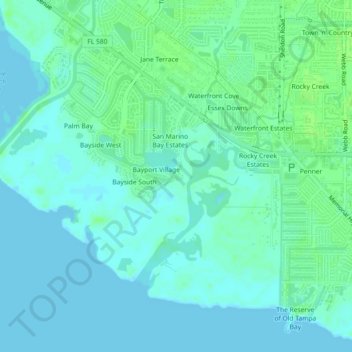 Mapa topográfico Bayside East, altitud, relieve
