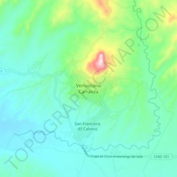 Mapa topográfico Venustiano Carranza, altitud, relieve