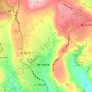 Mapa topográfico Holdsworth, altitud, relieve