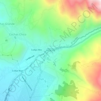 Mapa topográfico Vilcacoto, altitud, relieve