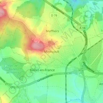 Mapa topográfico Montsoult, altitud, relieve