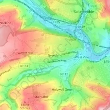Mapa topográfico Greetland, altitud, relieve