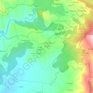 Mapa topográfico A Brea, altitud, relieve