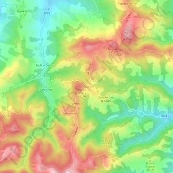 Mapa topográfico Mongardino, altitud, relieve