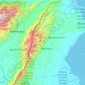 Mapa topográfico Perijá, altitud, relieve