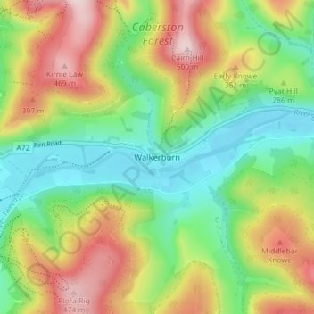 Mapa topográfico Walkerburn, altitud, relieve