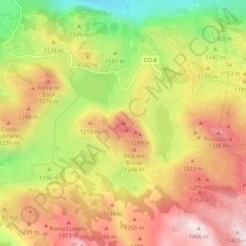 Mapa topográfico Pico Bricial, altitud, relieve