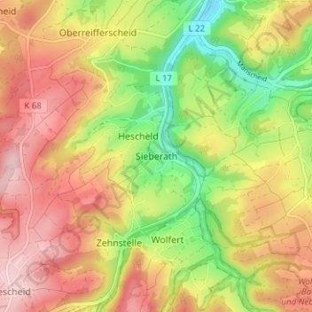 Mapa topográfico Sieberath, altitud, relieve