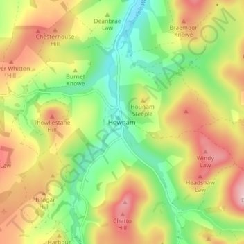 Mapa topográfico Hownam, altitud, relieve
