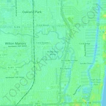 Mapa topográfico Middle River Manor, altitud, relieve