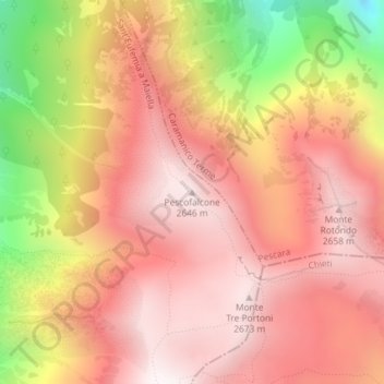 Mapa topográfico Pescofalcone, altitud, relieve