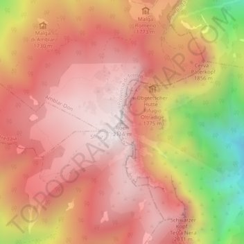Mapa topográfico Monte Roen, altitud, relieve