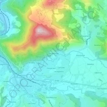 Mapa topográfico Mendiondoa, altitud, relieve