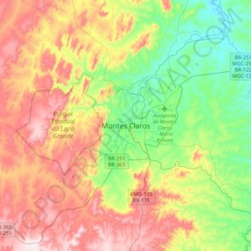 Mapa topográfico Montes Claros, altitud, relieve