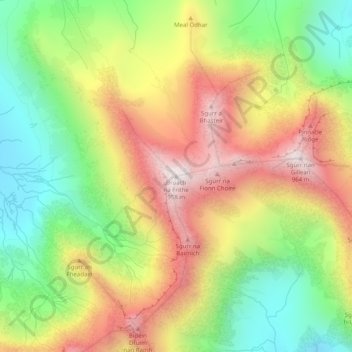 Mapa topográfico Bruach na Frithe, altitud, relieve