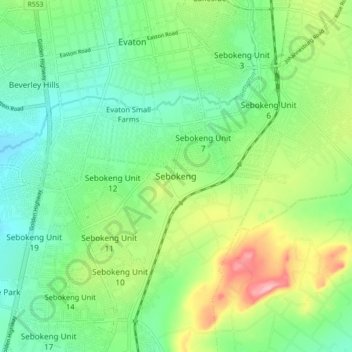 Mapa topográfico Sebokeng, altitud, relieve