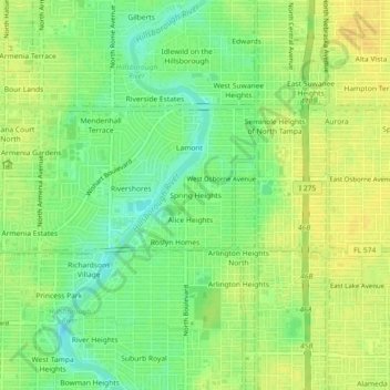 Mapa topográfico Spring Heights, altitud, relieve