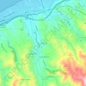 Mapa topográfico Cavaliere, altitud, relieve