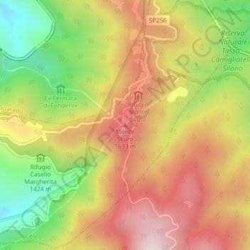 Mapa topográfico Monte Scuro, altitud, relieve