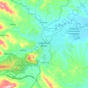 Mapa topográfico Huejutla de Reyes, altitud, relieve