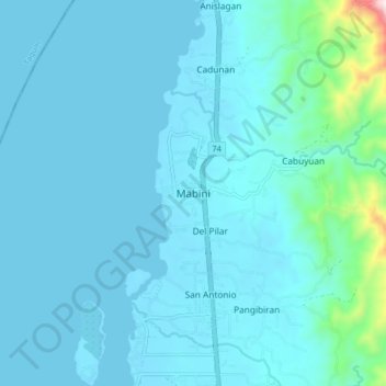 Mapa topográfico Mabini, altitud, relieve